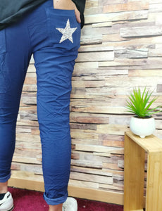Pantalon femme étoile bleu marine uni